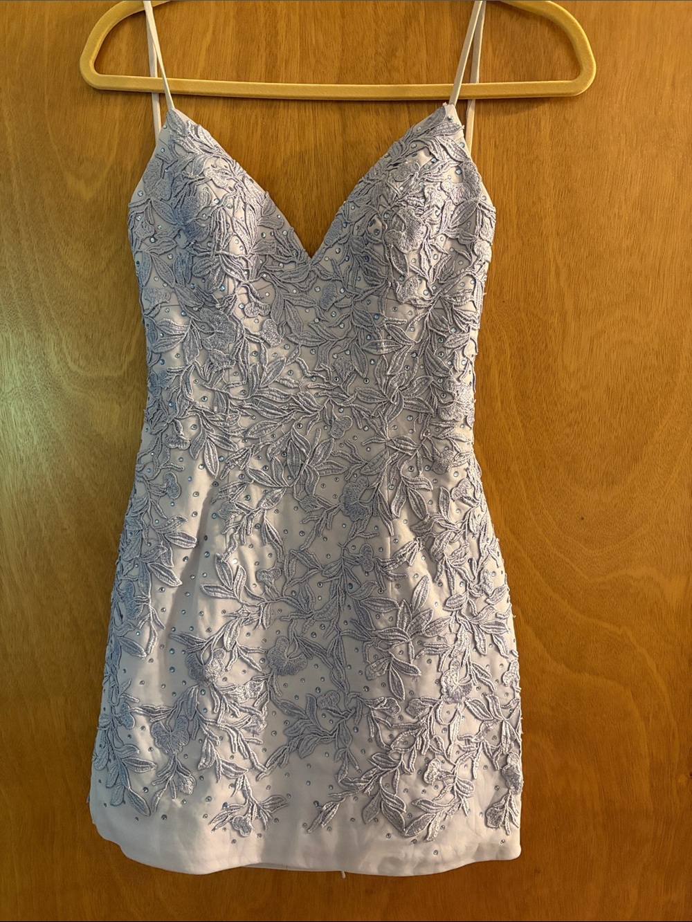 Faviana Lavender Floral Appliqué Spaghetti-Strap Mini Dress